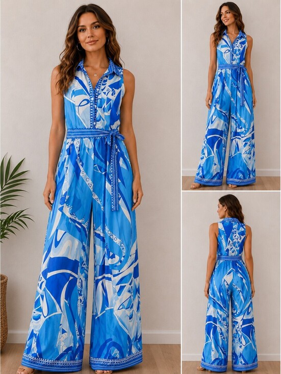Fashion Nova Jackets & Blazers - Fashion Nova Blue White Abstract Print Wide Leg Palazzo Jumpsuit Belted